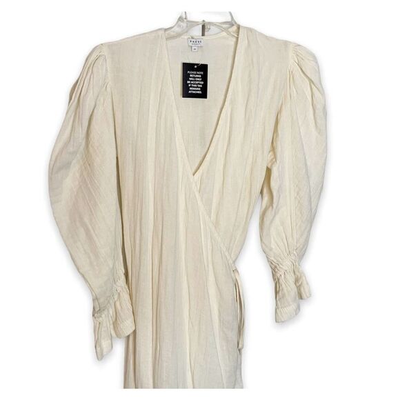 RHODE RESORT Emi Wrap Midi Dress Puff Sleeves Ruffle Cream Cotton XS NEW -232294 - Picture 5 of 12